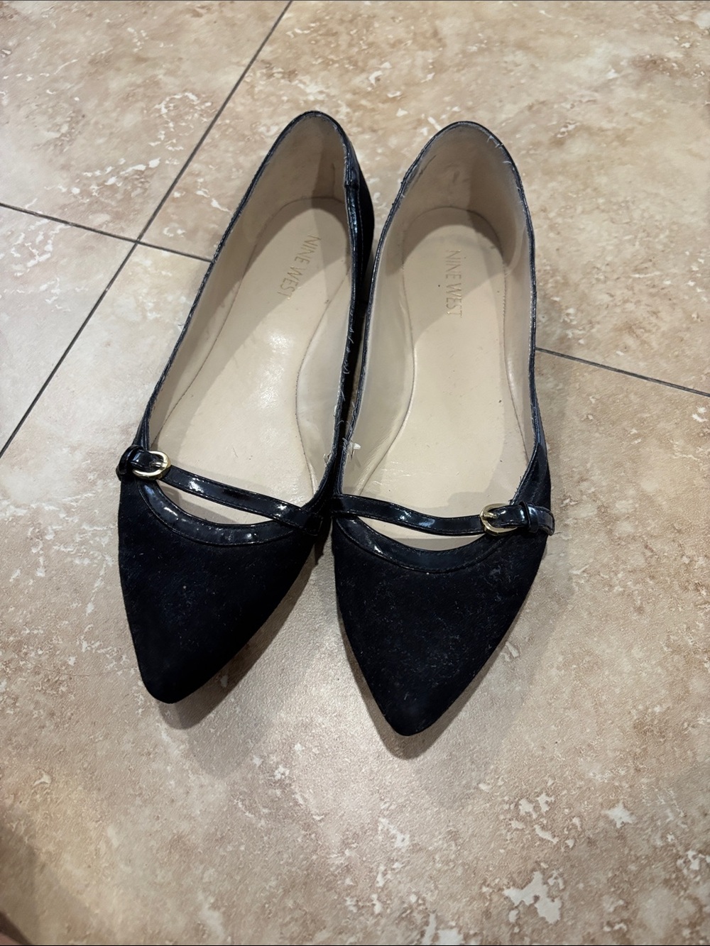 Nine West Black Pointed Toe Buckle Strap Flats